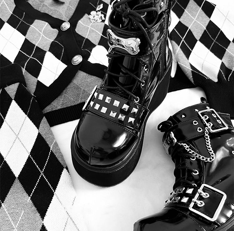 Punk Polished Black Platform Ankle Boots Silver-tone Studs