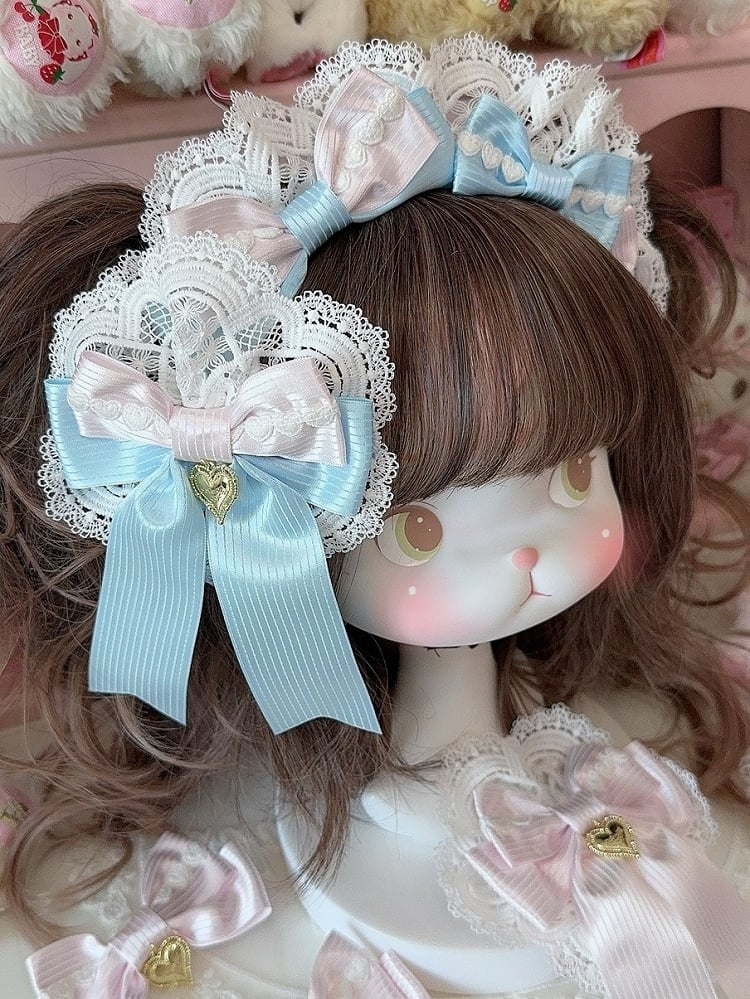 White&Blue Heart Charm Lace Detail Bowknot Hairclip