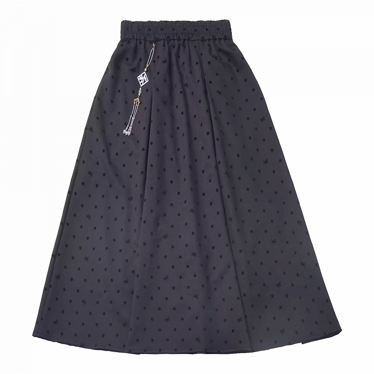 Black Elastic Waist Cheongsam Style Polka-dot Skirt with Tassel Charm
