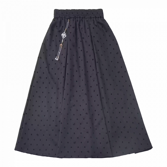 Black Elastic Waist Cheongsam Style Polka-dot Skirt with Tassel Charm