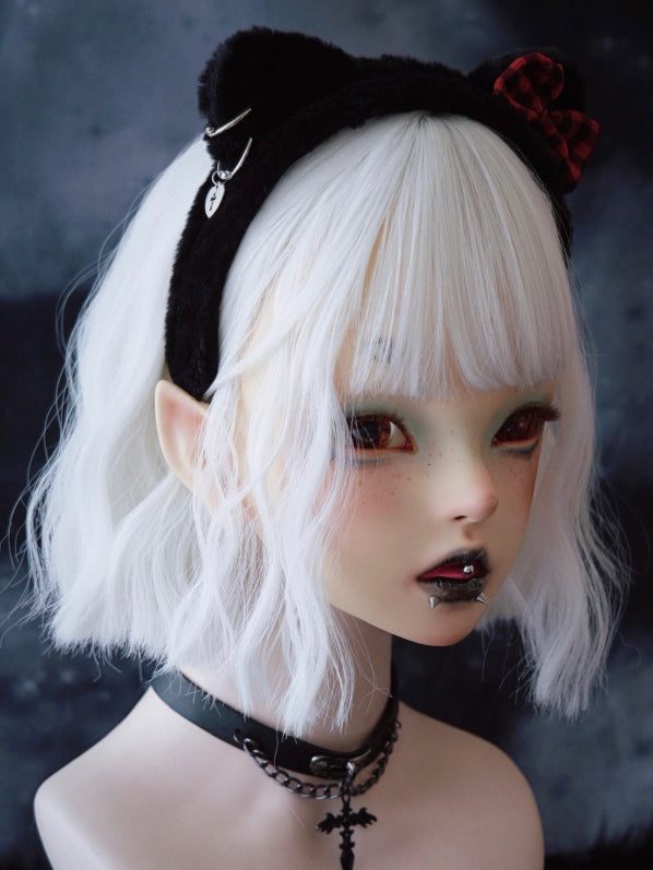 Black Cat Ear With Red Plaid Pattern Bowknot And Heart Charm Details KC