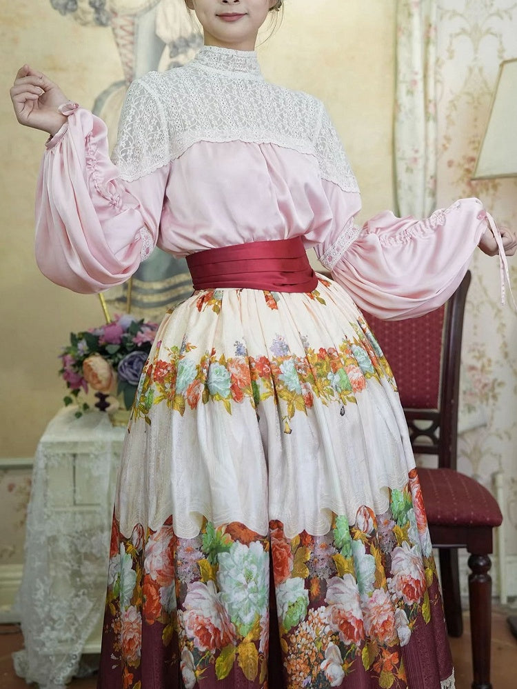 Historical Full Set- Pink Blouse + Wine Red Crystal Tassel Floral Skirt + Red Wide Belt