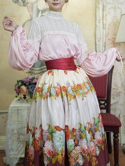 Historical Full Set- Pink Blouse + Wine Red Crystal Tassel Floral Skirt + Red Wide Belt