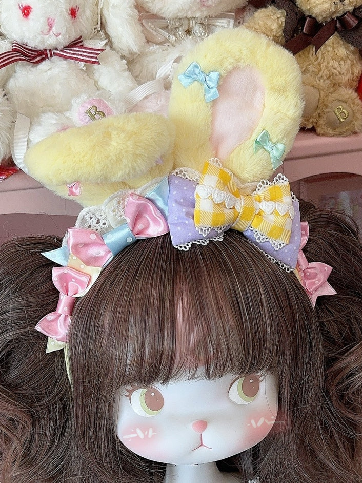 Yellow/Blue&Pink Polka-dot And Plaid Pattern Bowknot Details Thicken Version Plush Bunny Ear KC