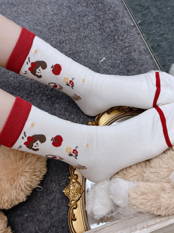 4 Options White Calf Socks With Apple and Floral Print