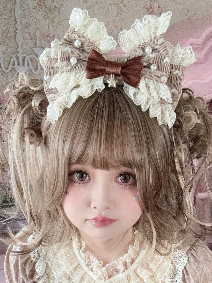 Brown Star Charm Beaded Decorated Lace Trim Bowknot KC