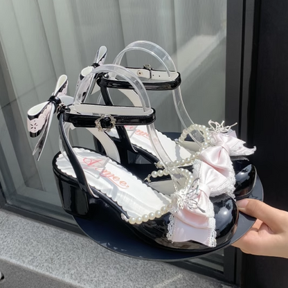 Pink Bow at Top Black Sweet Lolita Mary Jane Shoes with Detachable Bead Chain