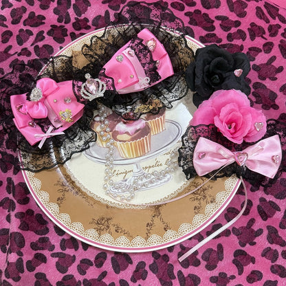 Two Black&Pink Rhinestone Heart And Crown Decorated Lace Trim Bead Chain Bowknot Hairclips With Dual Floral Hairclips