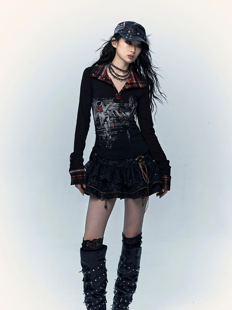 Black  Lace-up Details Lace Trim Tiered Skirt