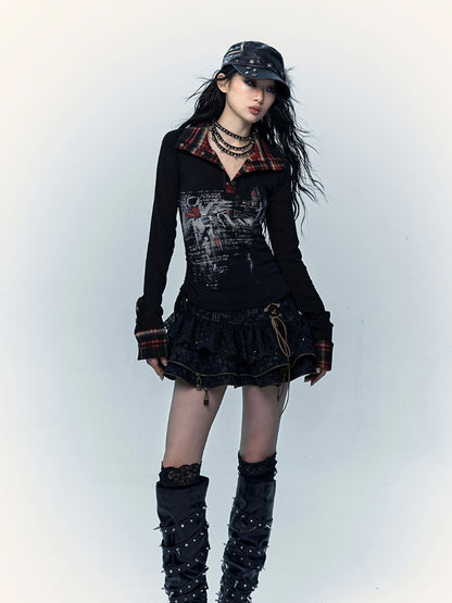 Black  Lace-up Details Lace Trim Tiered Skirt