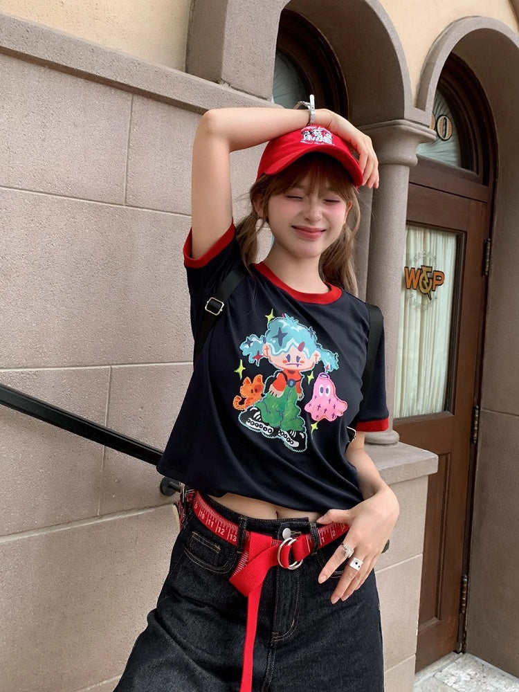 Navy Blue Round Neck Cartoon Print Contrast Trim T-shirt