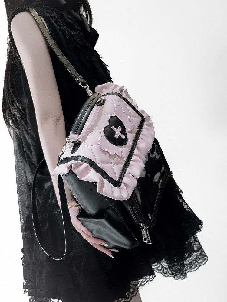 Black & Pink Jirai Kei Ita Bag – Heart & Angel Wings Decoration, Harajuku Style