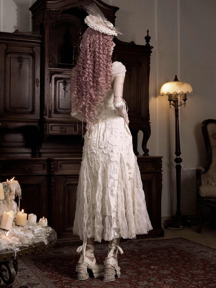 Romantic Goth Pink Bows Heart Cutout Light Cream Summer Slip Dress