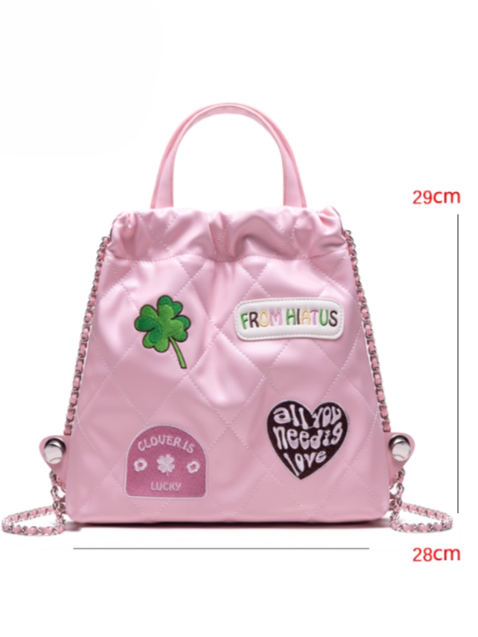 Sweet Pink Diamond Quilted Drawstring Backpack With Clover And Letter Embroidery