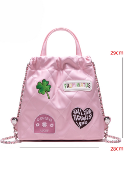 Sweet Pink Diamond Quilted Drawstring Backpack With Clover And Letter Embroidery