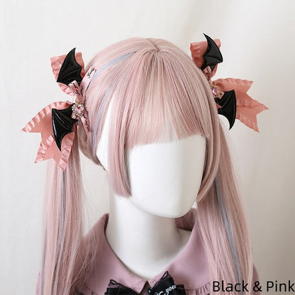 8 Colors Jirai Kei A Pair of Bowknot Hairclips With Wings and Heart - shaped Charms