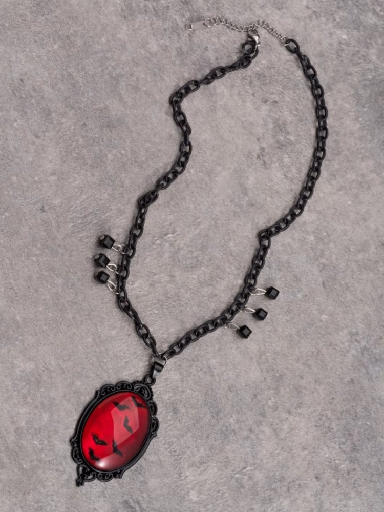 Black&Red Gothic Beaded And Bat Pendant Necklace