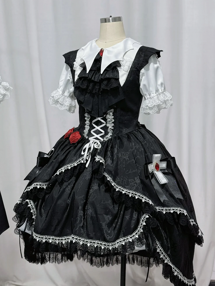 Black High-low Skirt Gothic Lolita Dress Bat Wing Shaped Shoulder Straps