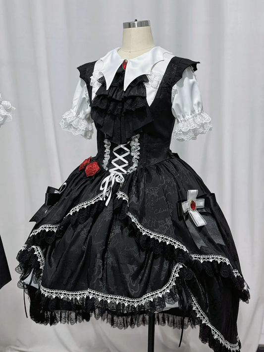 Black High-low Skirt Gothic Lolita Dress Bat Wing Shaped Shoulder Straps