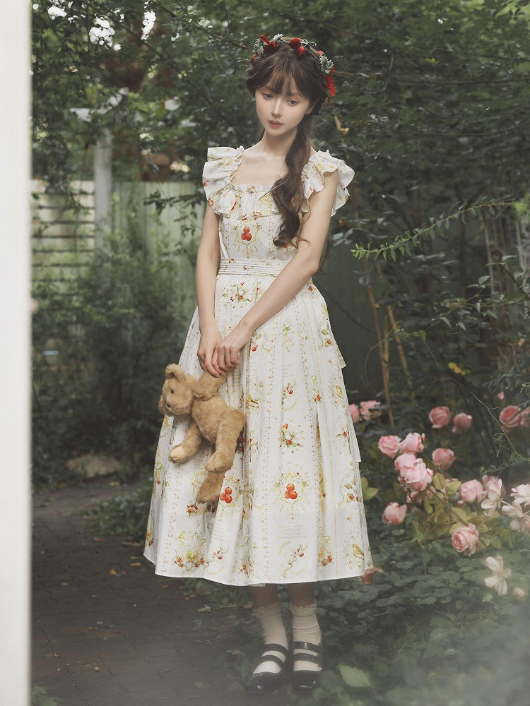 Hawthorn and Bird Print White Square Neckline Elegant Classic Lolita Dress with Waist Belt