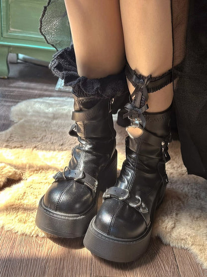 Black Buckle Strap Punk Platform Block Heel Boots