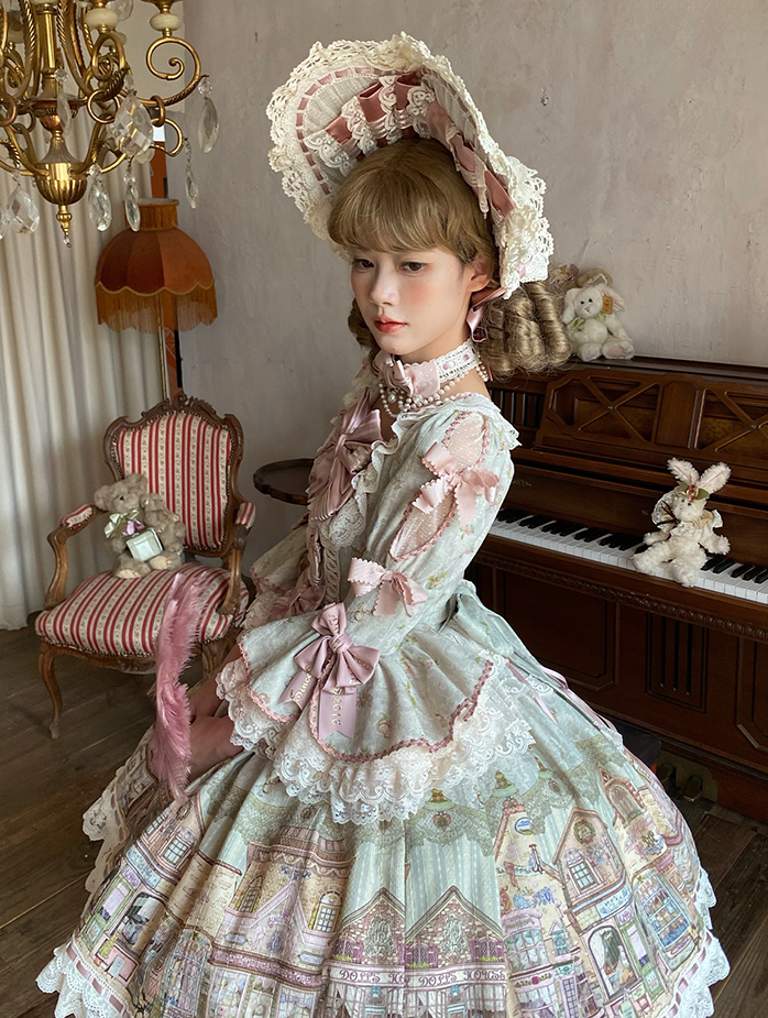 Fairytale Town Theme Green Square Neckline Sweet Lolita Dress with Bow Accents