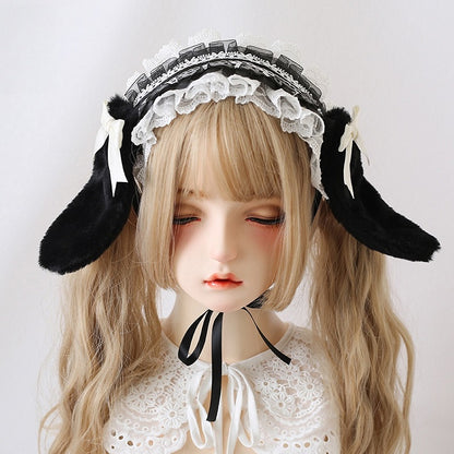 8 Colors Cute Lolita Lace Hairband With Detachable Bowknot And Plush Bunny Ears