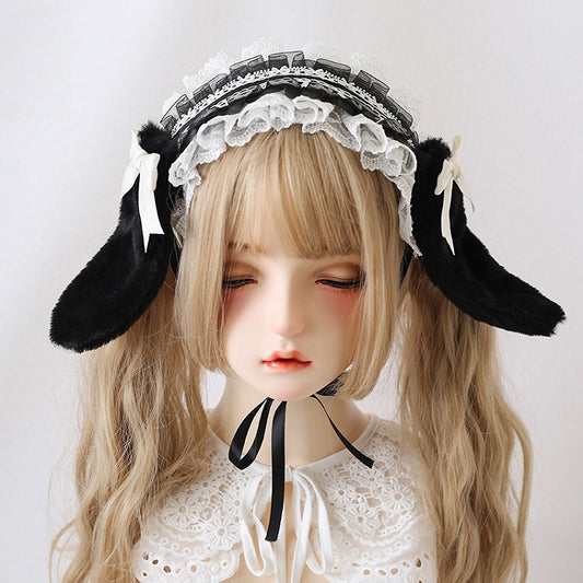 8 Colors Cute Lolita Lace Hairband With Detachable Bowknot And Plush Bunny Ears