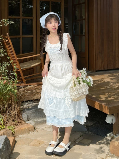 Blue Embroidery Plaid Patch White Flutter Sleeves Lace Trim Tiered Skirt Cutton Overdress