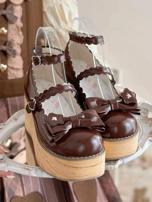 Brown Star Applique Bow at Top Lolita Platform Shoes