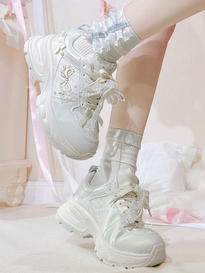 White Beaded Decorated Bowknot Details Front Lace-up Ties Sneakers