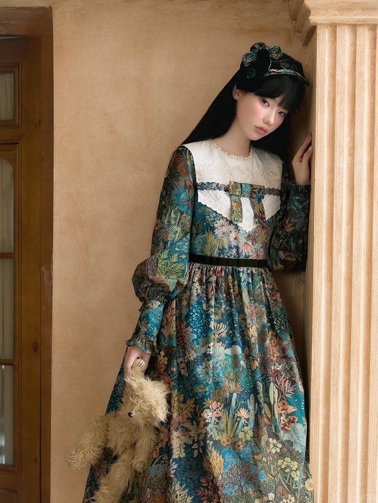 Green & Blue Floral Print Long-Sleeve Elegant Classic Lolita Dress with Waist Belt