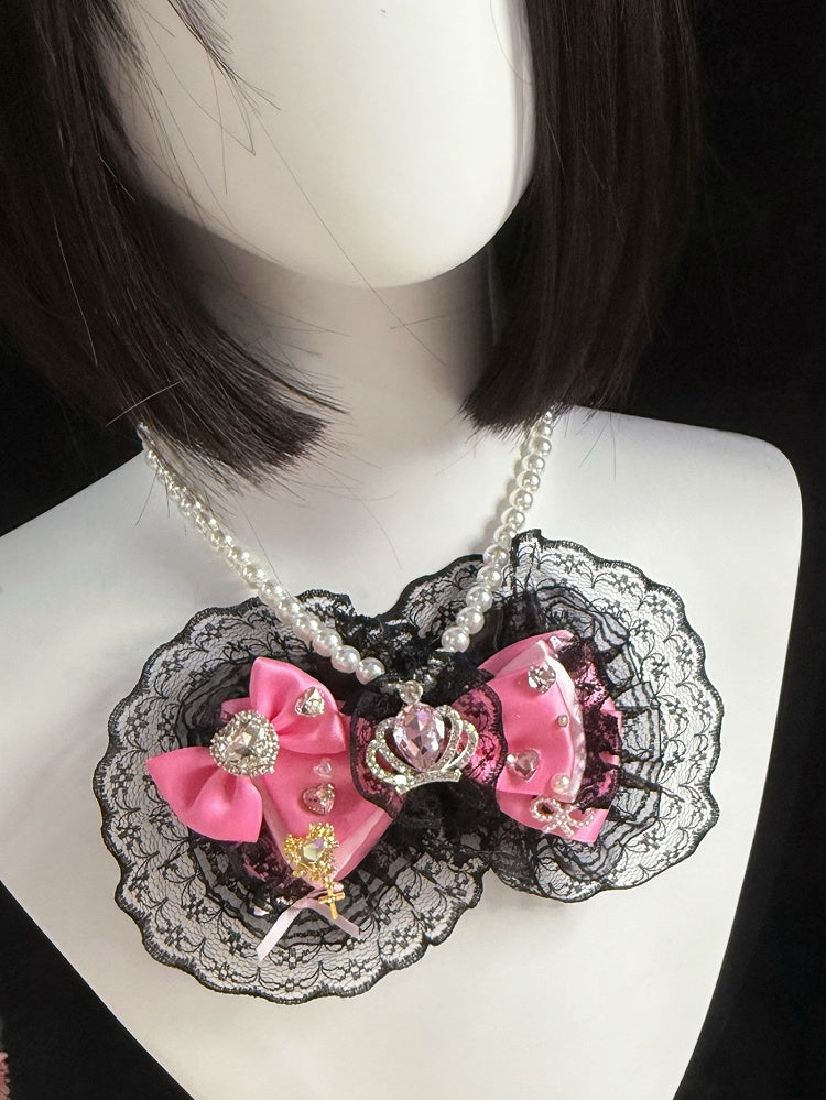Black&Pink Rhinestone Heart And Crown Decorated Lace Trim Bowknot Pendant Beaded Necklace