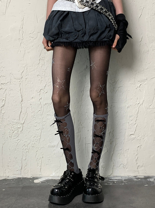 Gray Y2K Bowknot Details Cut-out Design Underknee Stockings