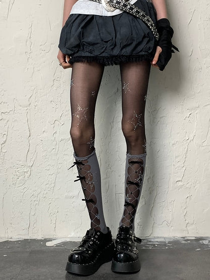 Black Y2K Rhinestone Star Decorated Tights