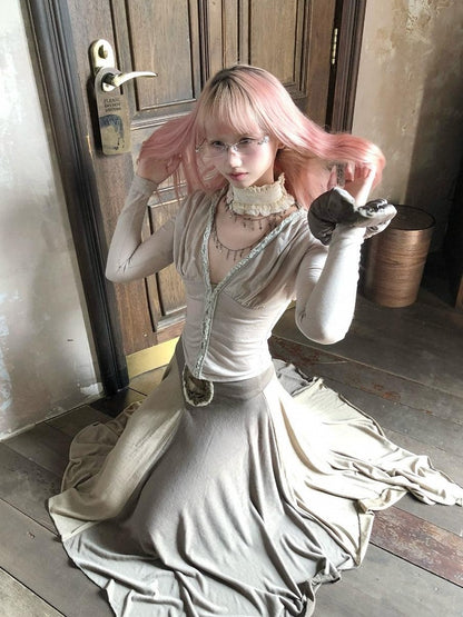 Beige Lace Ruffled Choker with Chain Cross Design