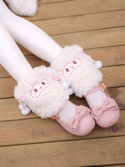 White Plush Lamb Leg Warmers With Pompon