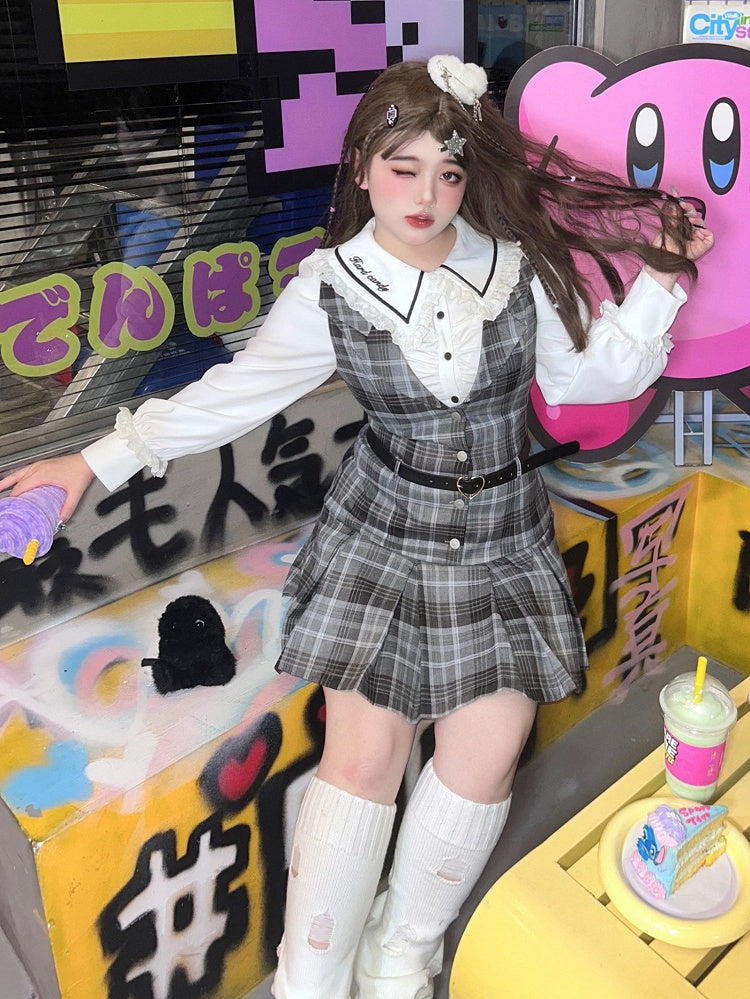 Plus Size - White Long Sleeves Shirt / Gray Plaid Dress Box Pleat Skirt