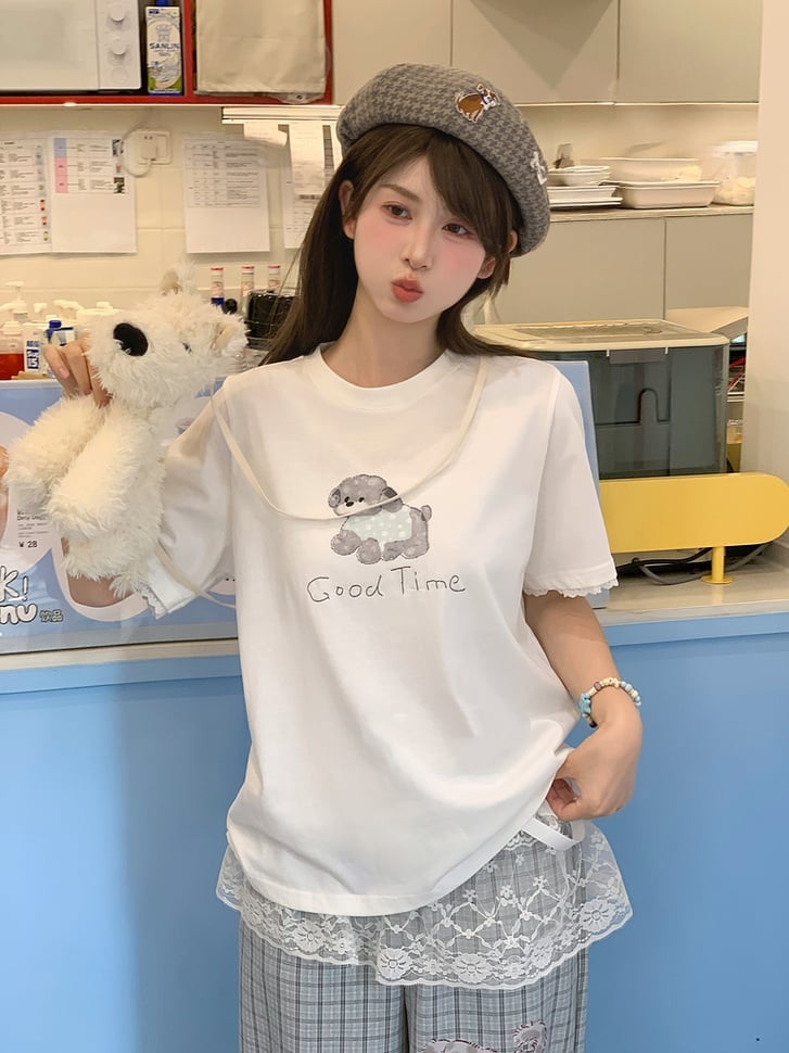 Adorable Puppy Print White Round Neck Loose T-shirt