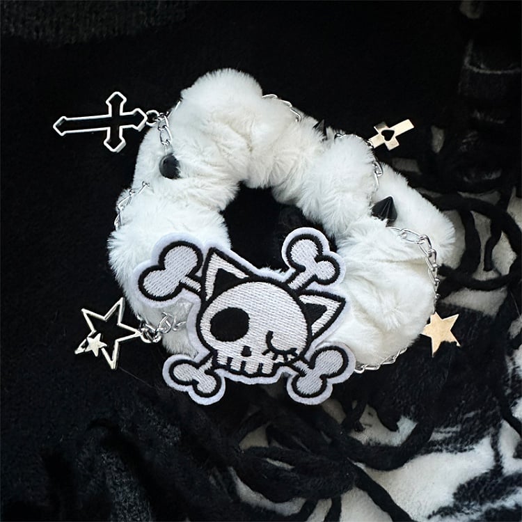 Black/White Skeleton Applique Gothic Plush Scrunchie