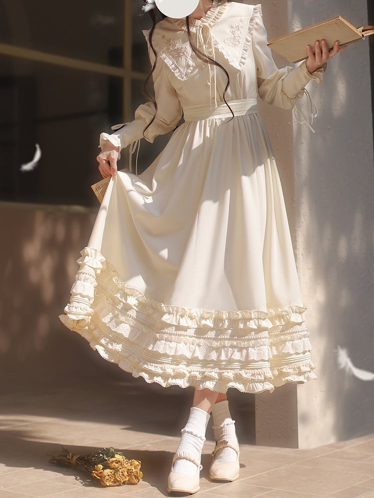 Floral Embroidery Collar Lace-up Detail Apricot Vintage Leg-of-Mutton Sleeves Dress