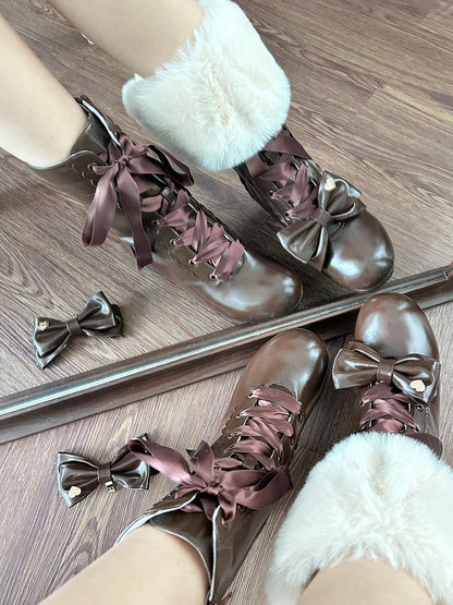 Brown Mid-calf Boots for Lolita - Mid-heel with Removable Bow & Interchangeable Plush Cuff