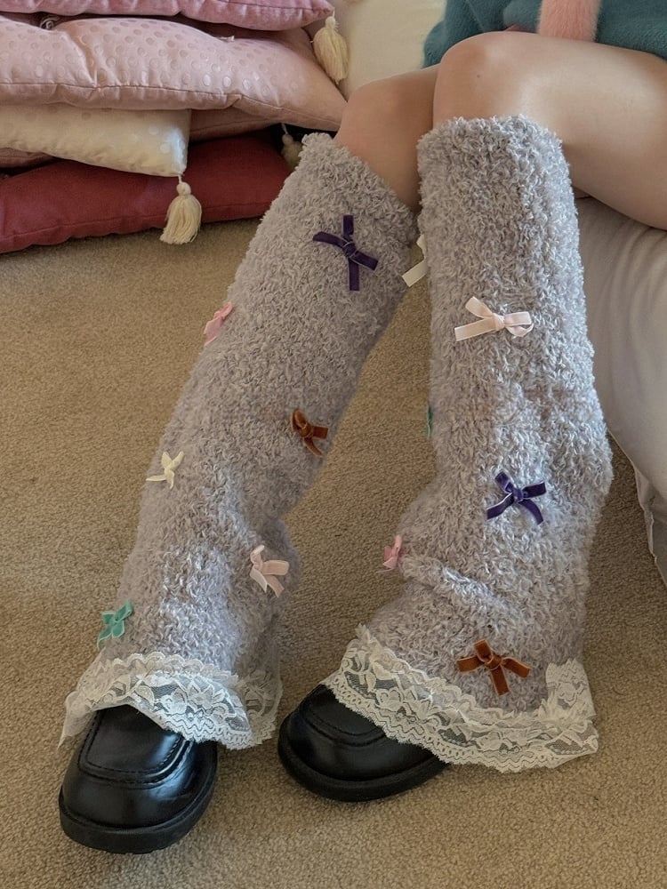 White/Purple/Camel/Light Grey Sweet Bowknot Lace Trim Leg Warmers