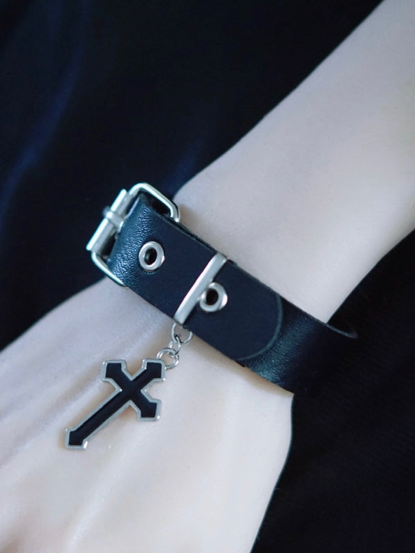 Black Gothic Cross Charm Buckle Bracelet