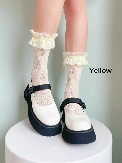 White/Yellow/Black Ruffled Lace Cuff Lolita Socks