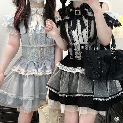 Black/Pink/Blue High Waist Sweetheart Buttons Lace Trim Jirai Kei Tiered Skirt