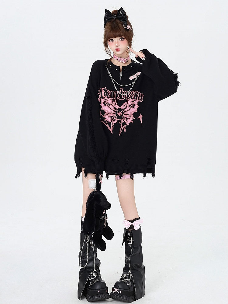 Black Gothic Distressed Holes Butterfly Sweater with Studs and Chains