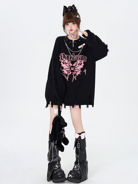Black Gothic Distressed Holes Butterfly Sweater with Studs and Chains
