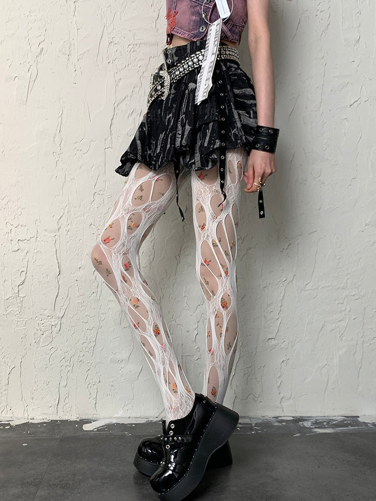White Y2K Floral Pattern Tights + Cut-out Design Tights