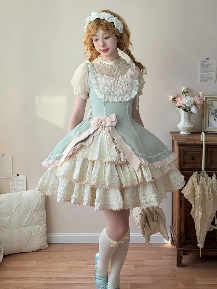 Clearance-Size L for Bust 86-94CM Pink and Green Slim Fit Waist Elegant Tiered Skirt Lolita Jumper Skirt